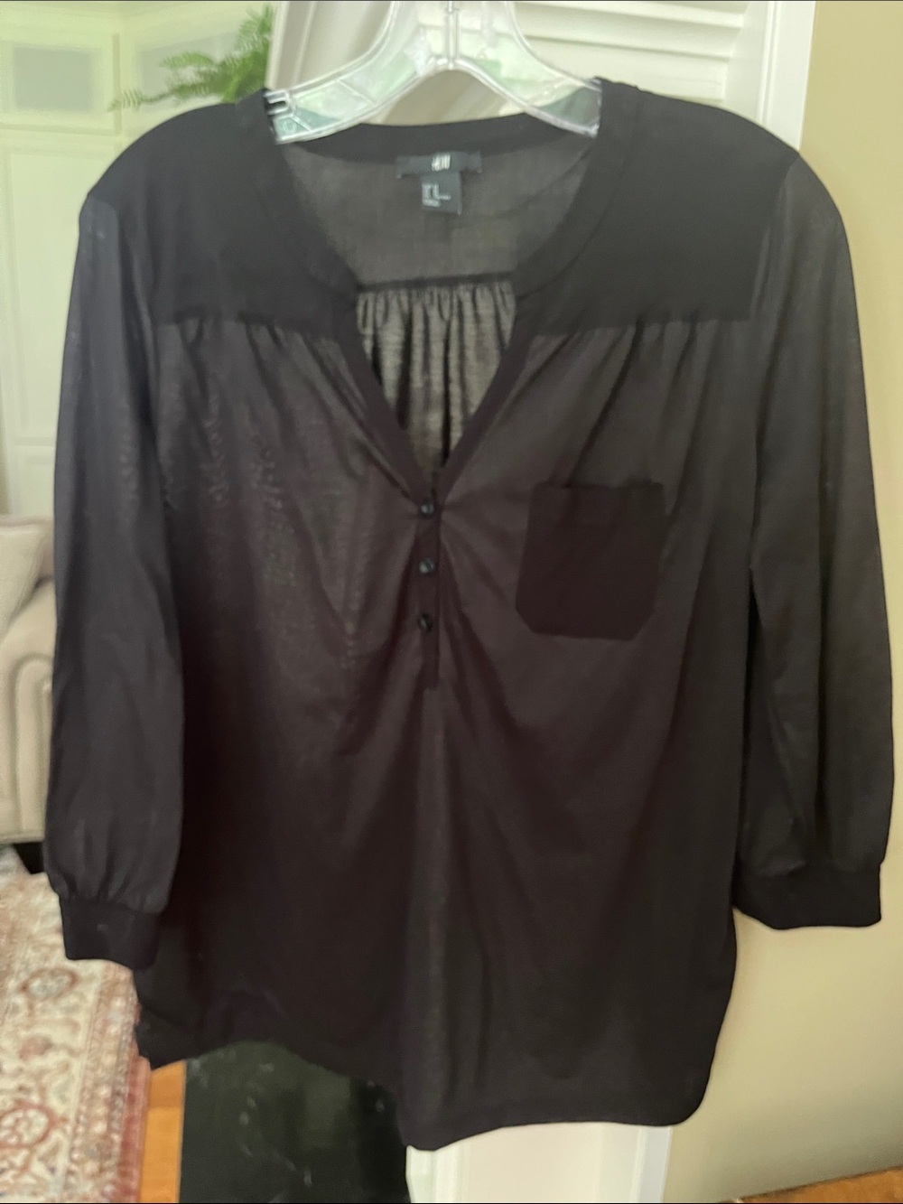 H&M Black Henley Blouse 3/4 Sleeves M - Picture 4 of 8
